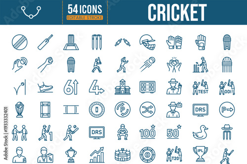 54 Cricket Line Icons Set - Sports, Players, Equipment, Tournament Vector Collection
