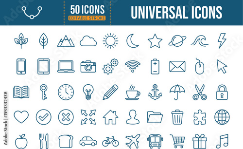 50 Universal Line Icons Set - Nature, Technology, Travel, Lifestyle Vector Collection
