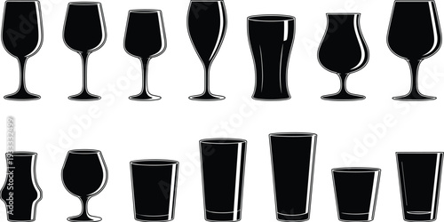 Collection of black silhouette icons featuring various glassware wine glasses beer mugs ceramic pottery vases and vintage mobile telephones on white
