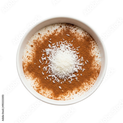 Rice Pudding Cinnamon Coconut Flakes Dessert Sweet Food Bowl Isolated White