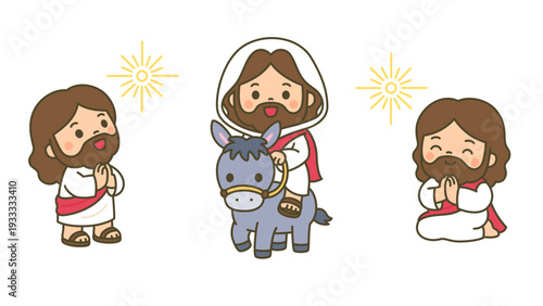 Cute Kawaii Jesus Praying and Riding Donkey Palm Sunday Christian Set
