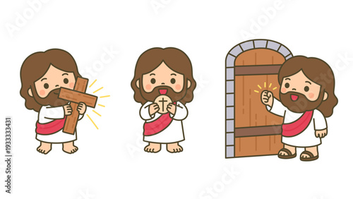Cute Kawaii Jesus Character Holding Cross and Bread Knocking on Door Flat Christian Vector