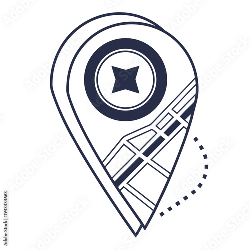 Detailed location pin with integrated map pattern and dotted line path representing navigation and destination on white background stylized pointer