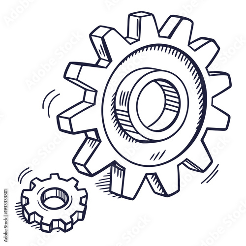 Rotating gear sketch with motion lines showing mechanical movement and activity for industrial concepts engineering illustrations on white background