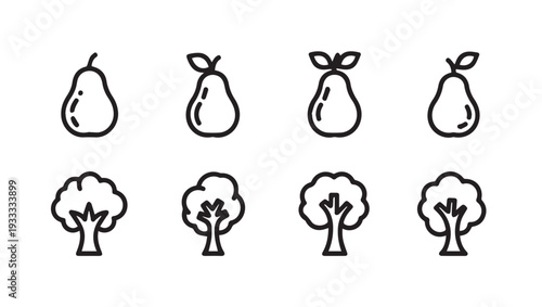 Pear and Tree Icons Set Simple Outline Symbols Nature and Fruit Collection
