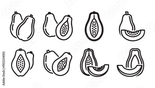 Papaya Fruit Icons Set Whole and Sliced Simple Line Art Isolated