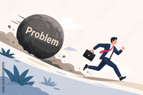 Businessman in Suit Running Away from a Giant Rolling Boulder with Problem Text, Concept of Avoiding Obstacles, Business Crisis Management, Stress, and Escaping Difficult Situations Vector Art