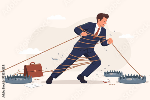 Businessman Tied with Ropes and Surrounded by Bear Traps Struggling to Move Forward, Conceptual Illustration of Career Obstacles, Business Challenges, Professional Struggle, and Overcoming Risks