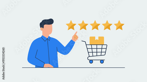 Flat vector illustration of a man pointing to five gold stars for a high customer rating and review, symbolizing satisfaction, quality service, and positive feedback in online shopping commerce