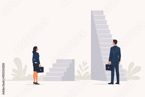 Gender Inequality and Unfair Competition Concept with Businessman and Businesswoman Standing in Front of Different Sized Staircases Representing Career Path Obstacles and the Glass Ceiling.