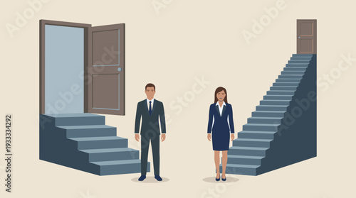 Gender Discrimination and Workplace Sexism Concept with Businessman and Businesswoman Facing Unfair Competition and Inequality on Different Career Paths with Stairs and Doors Illustration