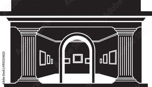 Black and white of a classical architecture hallway with columns and framed interior