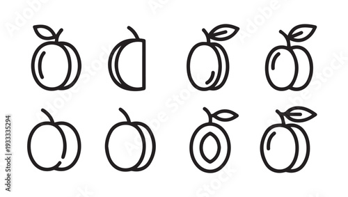 Fruit Icons Set: Plums and Peaches Outline Style Isolated on White