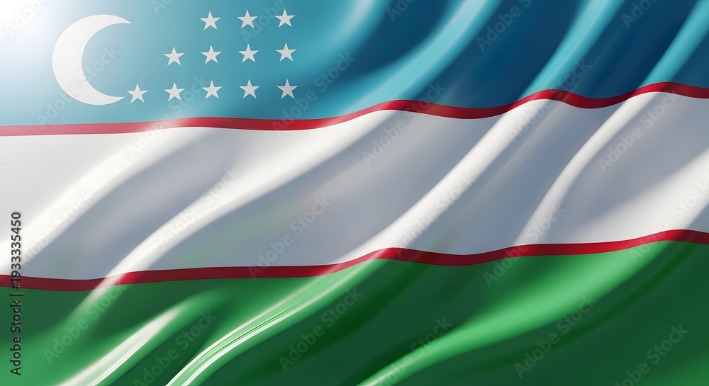 Obraz premium A waving flag of Uzbekistan with its distinctive blue, white, and green stripes, red fimbriations, crescent moon, and twelve stars.