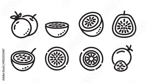 Exotic Fruits Icons: Passion Fruit and Citrus Slices Line Art Collection