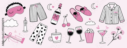 Cute Doodle Pajama Party Collection – Hand Drawn Sleepover Elements Set with Pillows, Slippers, Eye Masks and Snacks, Adorable Cartoon Night Party Illustration for Kids Design