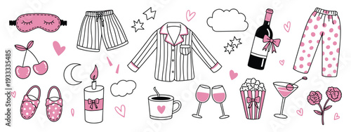 Cute Doodle Pajama Party Collection – Hand Drawn Sleepover Elements Set with Pillows, Slippers, Eye Masks and Snacks, Adorable Cartoon Night Party Illustration for Kids Design