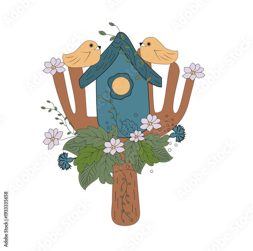 Charming hand-drawn illustration of a blue birdhouse decorated with a floral wreath and small yellow birds.