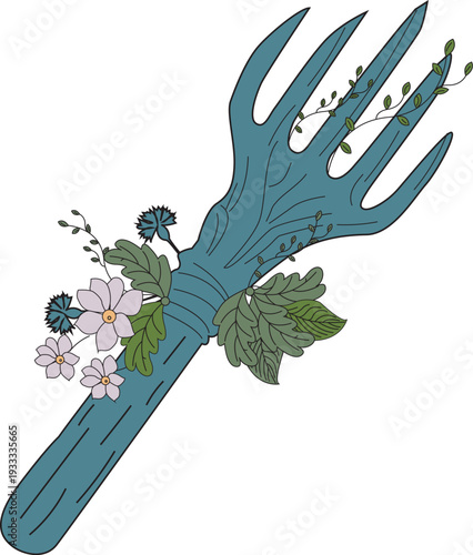 Traditional garden tool hand rake decorated with blue and white flowers and green leaves.