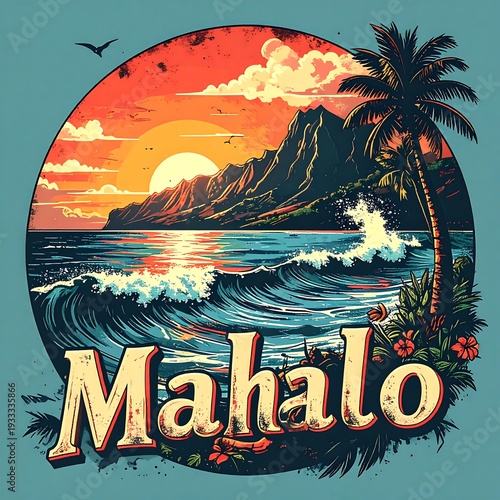 Tropical sunset scene with waves, palm tree, and the word 