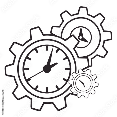 Complex gear system with integrated clocks representing synchronized operations business timing and hierarchical process management in outline vector