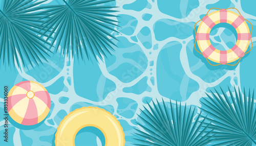 Summer swimming pool top view background with inflatable ring and tropical palm leaves