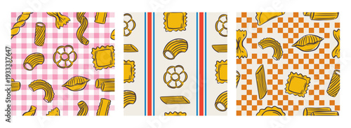 Playful Mediterranean pasta design with quirky line art noodles. Seamless pattern ideal for kitchen decor, wrapping paper, or restaurant branding. Cute background with spaghetti, penne, and ravioli.