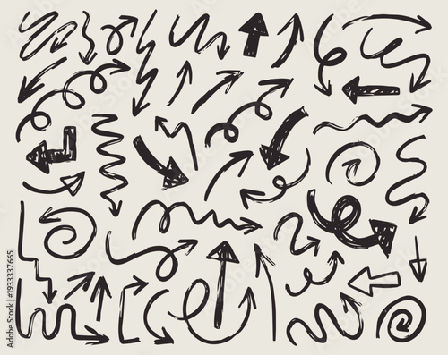 Hand drawn arrow and scribble set with pencil, crayon, ink and chalk strokes. Colorful sketch abstract shapes with grunge texture. Perfect for school themes, notebooks, scrapbooks and graphic design.