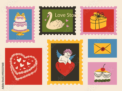   Elegant hand drawn romantic illustration set with hearts, rings, flowers, bows and drinks. Perfect for Valentine’s Day, weddings, invitations and decor. Vintage whimsical style