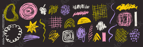 Hand drawn brush strokes and abstract scribbles set. Pencil, ink, marker and paint textures with grunge splashes and rough lines. Art elements for logo, background, overlay, banner and graphic design.