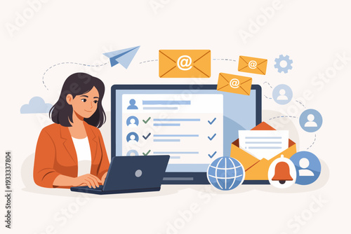 Woman working on laptop managing email marketing campaigns and mailing lists. Vector illustration of digital communication, newsletters, electronic addresses, and business correspondence icons.