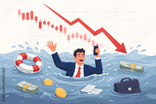 Businessman Drowning in Water During Financial Crisis and Stock Market Crash. Red Arrow Pointing Down with Candlestick Chart. Man Calling for Help with Phone, Money and Lifebuoy Floating in Ocean.