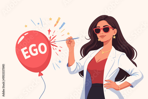 Vector Illustration of a Confident Woman Popping a Red Balloon with the Word Ego Written on It, Symbolizing Humility, Overcoming Pride, Self-Awareness, and the Deflation of Arrogance or Narcissism