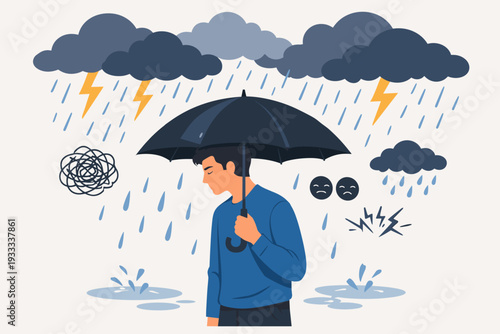 Sad man holding an umbrella during a heavy storm symbolizing mental health issues like depression, anxiety, and stress. Concept of psychological support, protection, and emotional resilience.