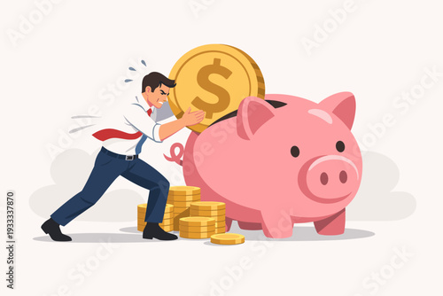 Hardworking businessman putting a huge gold coin into a piggy bank with great effort, concept of saving money, financial investment, retirement planning, and economic struggle illustration.