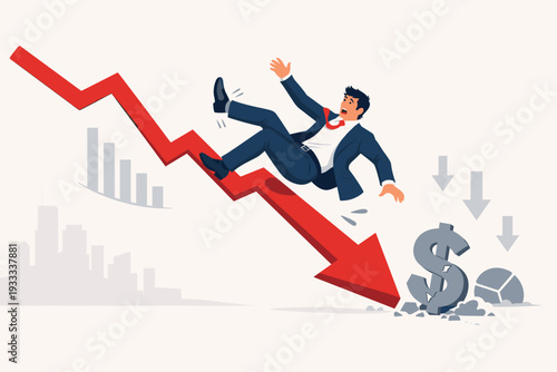 Businessman falling down a red downward arrow crashing into a dollar sign, representing stock market crash, financial crisis, economic recession, business failure, investment loss, and bankruptcy.