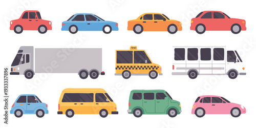 Set of different types of cars and vehicles, including trucks, vans and taxis