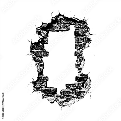 Hole in a brick wall with crumbling edges, symbolizing destruction, breakthrough, or passage in a vintage illustration.