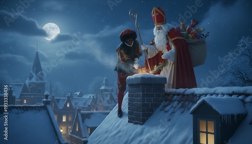 Two figures, one in red, placing a gift on a rooftop