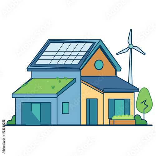 Eco-friendly house with solar panels and wind turbine in garden  