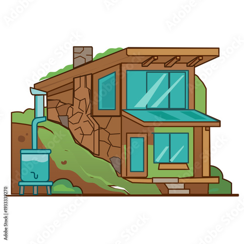 Eco-friendly house with large windows and water collection system  