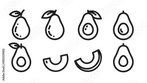Avocado Icons Set: Whole Halved and Sliced Fruit Outline Vector Graphics