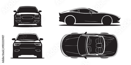 Set of modern car views including front, side, and top with interior details