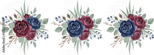 Elegant navy blue and burgundy rose floral bouquet vector set for wedding invitations greeting cards and romantic event branding designs in moody colors