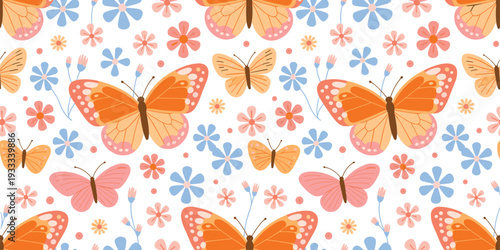 Minimal hand-drawn seamless vector pattern featuring butterflies and flowers arranged in decorative composition with clean line art style