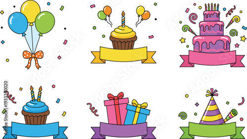 Minimalist birthday celebration vector set featuring colorful balloons cupcakes tiered cake and gift boxes in clean line art