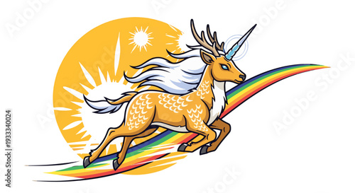 Mythical unicorn running on rainbow with sunny background