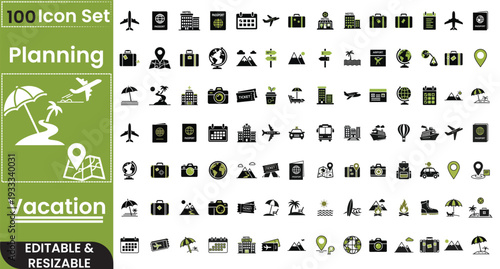 Travel and Vacation Planning Solid Icon Set – Airplane, Passport, Hotel, Map and Booking Symbols, Flat Vector Collection for Tourism Apps and Holiday Marketing