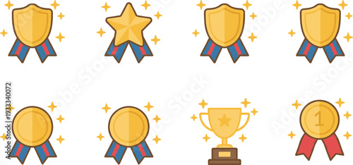 Minimalist award icon vector set featuring gold trophy medals and star shields with ribbons in clean black line art