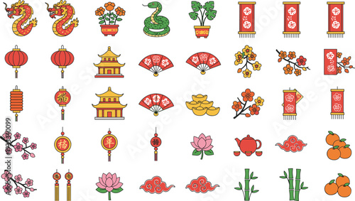 Minimalist Chinese New Year vector set featuring traditional red lanterns dragons pagodas and lucky oranges in clean line art
